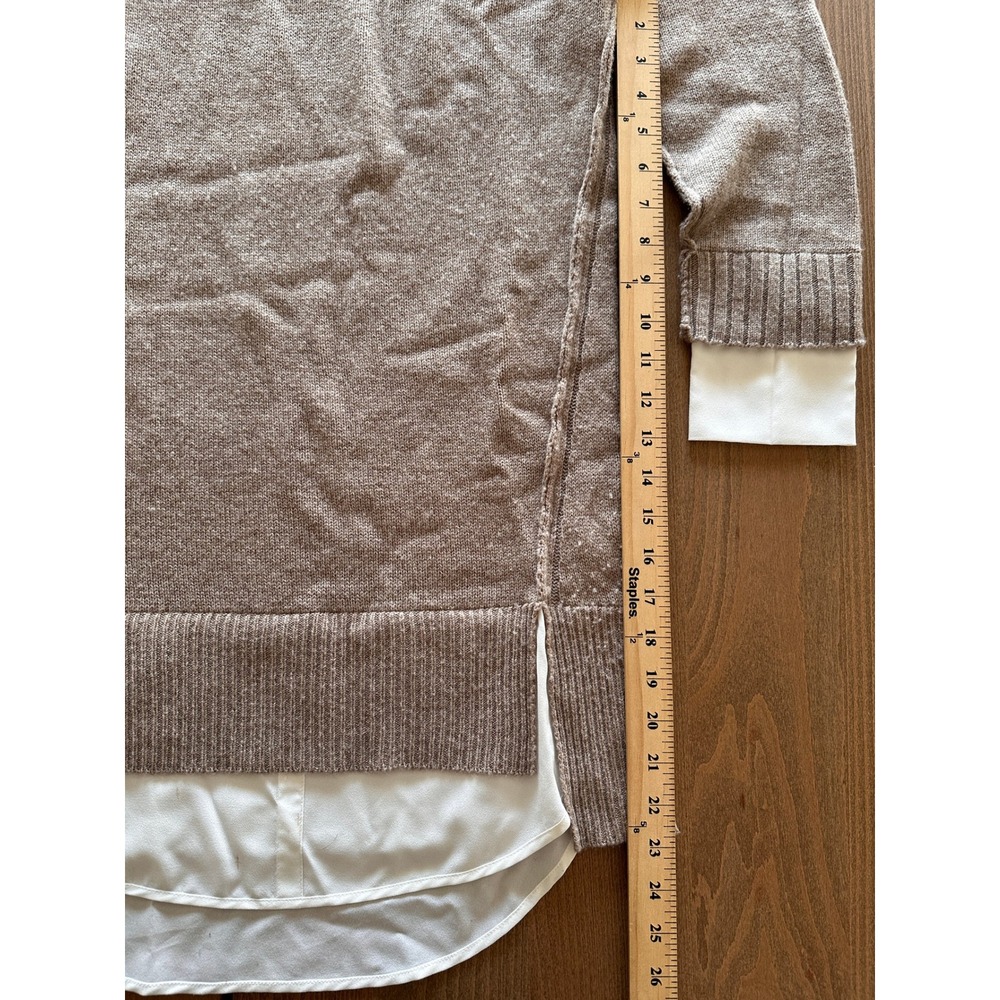 Brochu Walker Wool Cashmere Blend Mock Neck Sweater Taupe White Shirt Hem - Picture 3 of 11